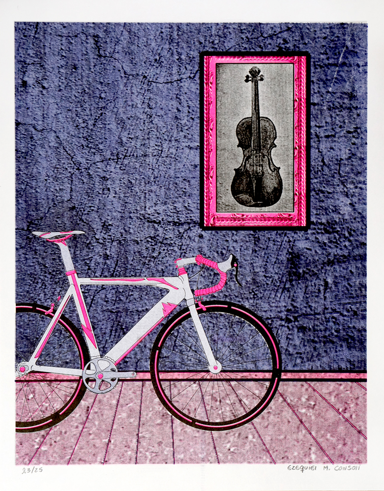 Bike and Violin Risograph Print by Ezequiel Consoli