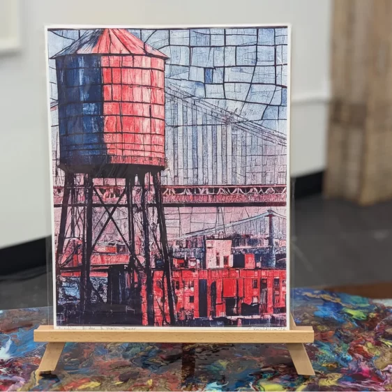 A wooden water Tower in front of Brooklyn Bridge