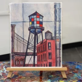 Risograph Print of a Water Tower in front of Brooklyn Bridge and brownstones